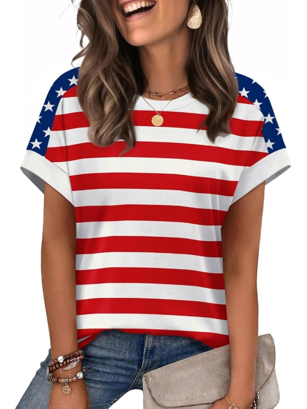 Women's Red Usa Flag Summer Outfits Cloth Pull On Top Short Sleeve Casual Shirt